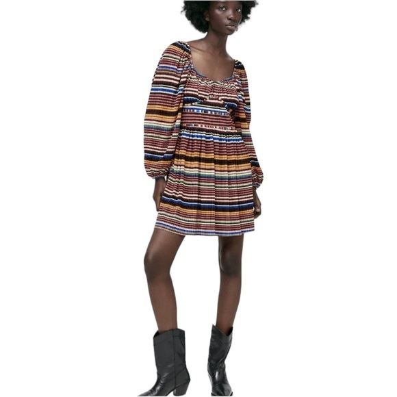 ZARA Multicolor Stripe Pleated Long Balloon Sleeve Dress - Picture 14 of 14
